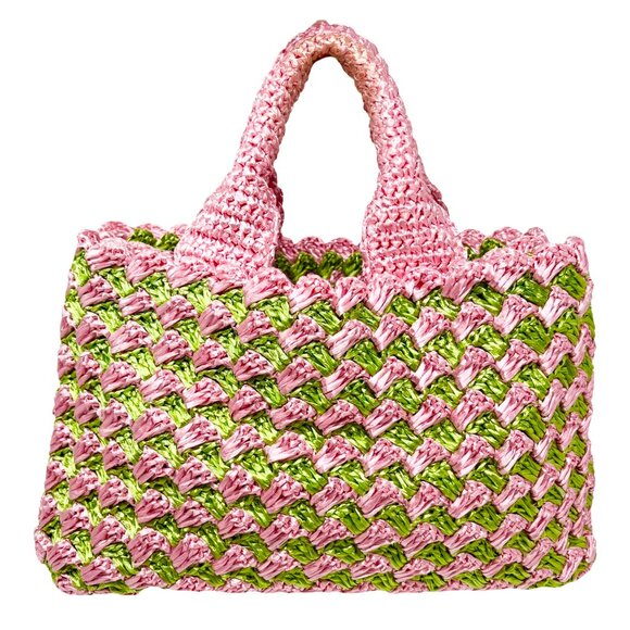 PRADA Vintage Logo Raffia Mini Tote Bag Pink Green Polyethylene [105145] - Picture 6 of 11